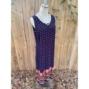 Vintage Paisley Navy Blue Shift Frock Dress 1990s S/M Grunge Boho Hippie Loose